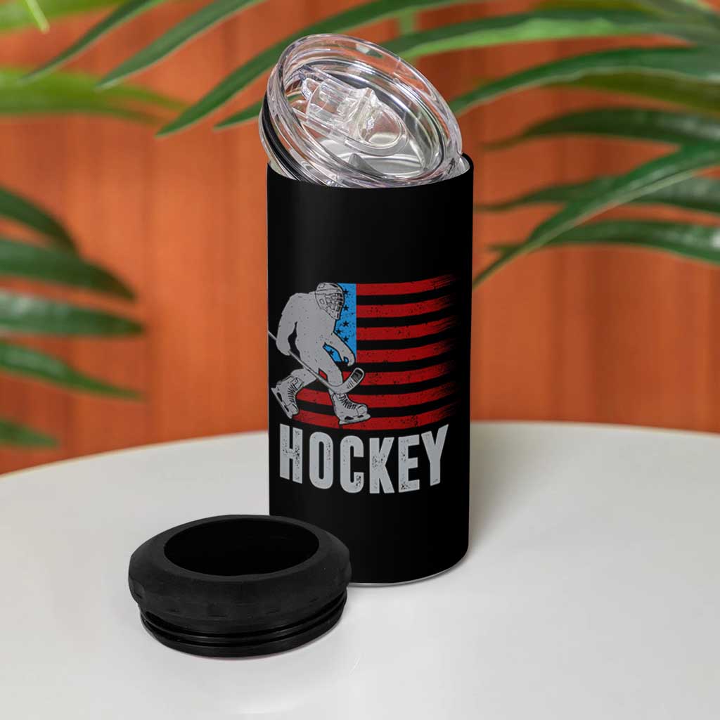 Hockey Bigfoot USA Flag 4 in 1 Can Cooler Tumbler Vintage Patriotic Ice Hockey Player - Wonder Print Shop