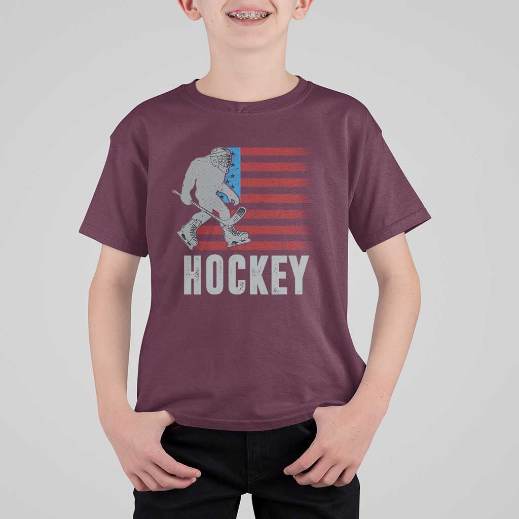 Hockey Bigfoot USA Flag T Shirt For Kid Vintage Patriotic Ice Hockey Player - Wonder Print Shop
