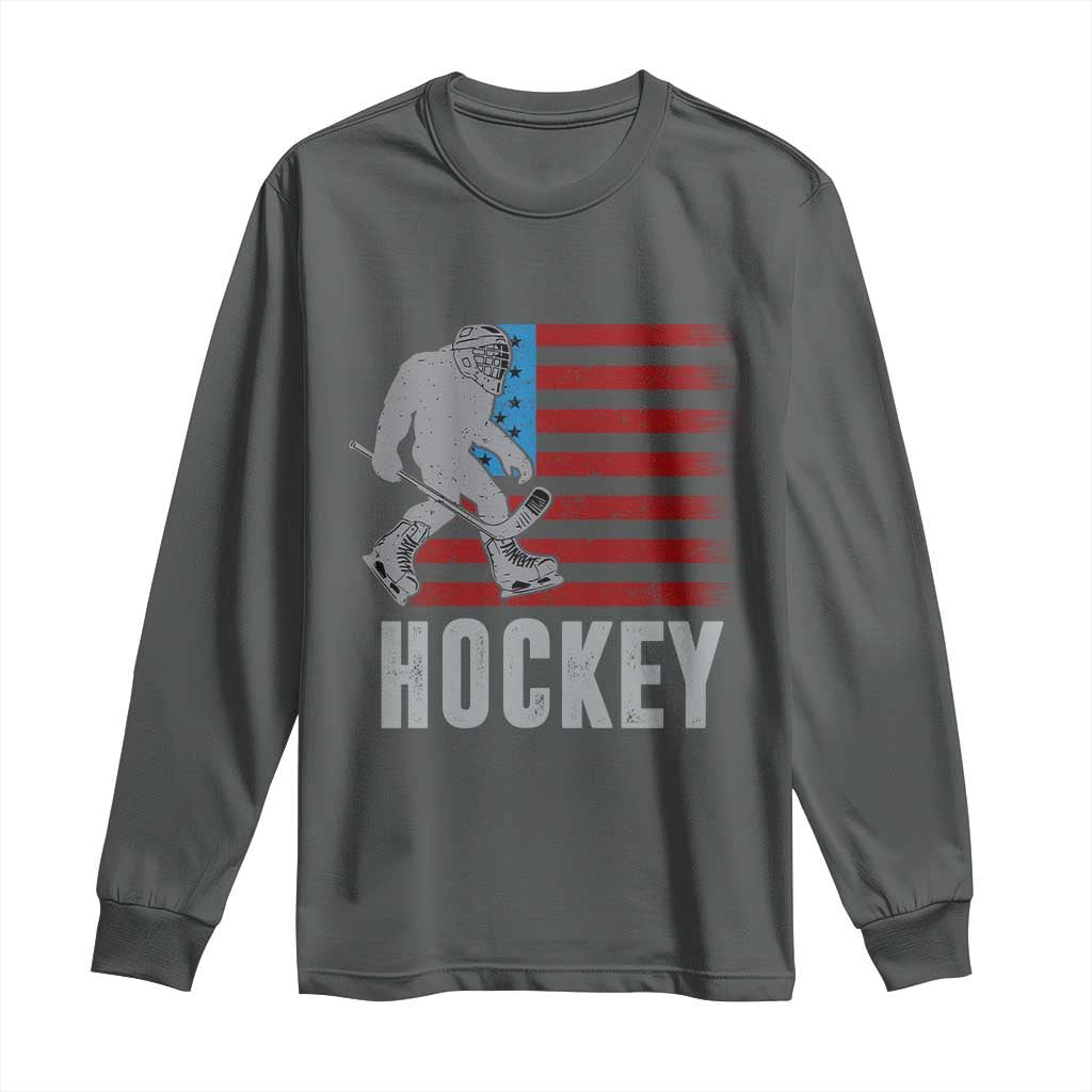 Hockey Bigfoot USA Flag Long Sleeve Shirt Vintage Patriotic Ice Hockey Player - Wonder Print Shop