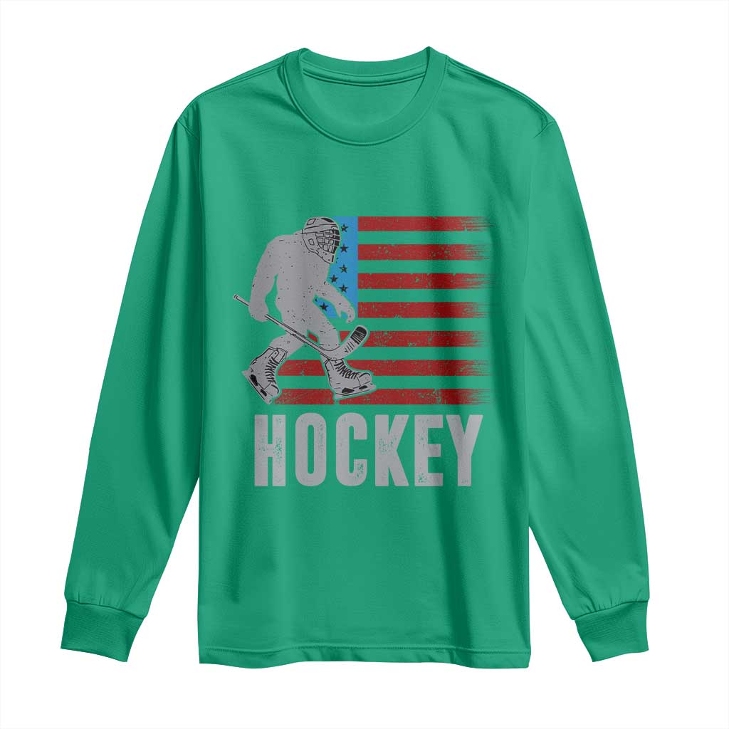 Hockey Bigfoot USA Flag Long Sleeve Shirt Vintage Patriotic Ice Hockey Player - Wonder Print Shop
