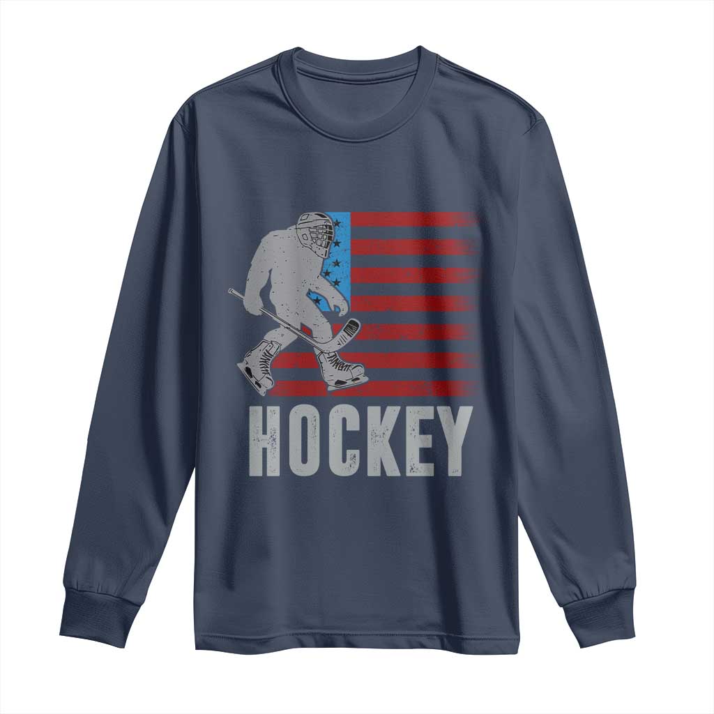 Hockey Bigfoot USA Flag Long Sleeve Shirt Vintage Patriotic Ice Hockey Player - Wonder Print Shop