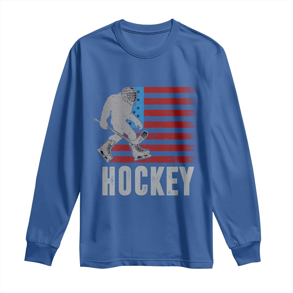 Hockey Bigfoot USA Flag Long Sleeve Shirt Vintage Patriotic Ice Hockey Player - Wonder Print Shop