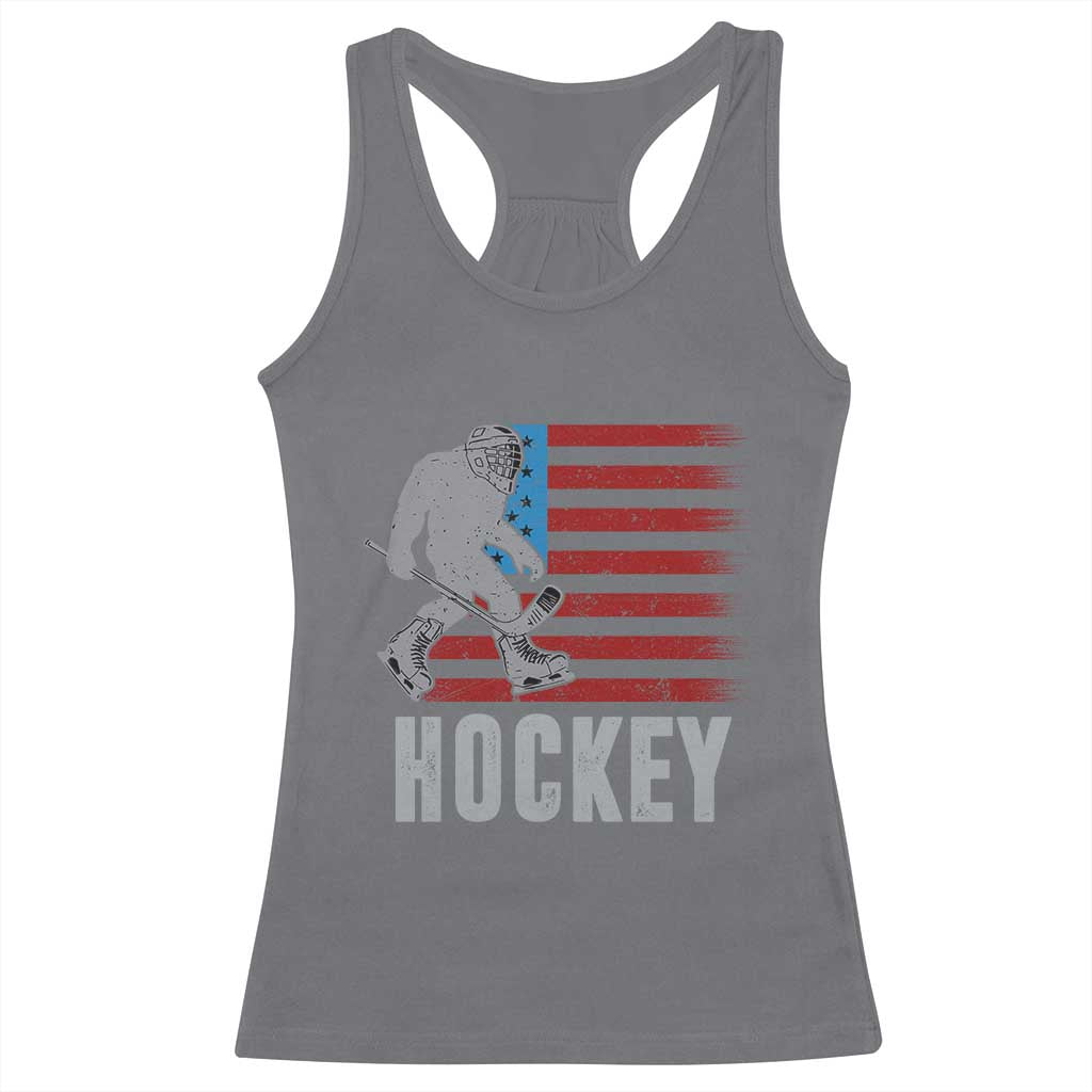 Hockey Bigfoot USA Flag Racerback Tank Top Vintage Patriotic Ice Hockey Player - Wonder Print Shop