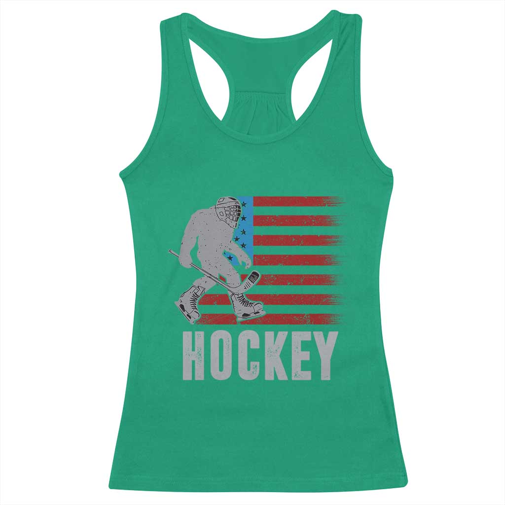 Hockey Bigfoot USA Flag Racerback Tank Top Vintage Patriotic Ice Hockey Player - Wonder Print Shop