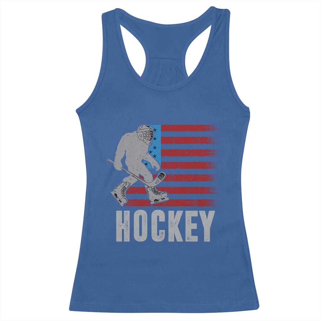 Hockey Bigfoot USA Flag Racerback Tank Top Vintage Patriotic Ice Hockey Player - Wonder Print Shop