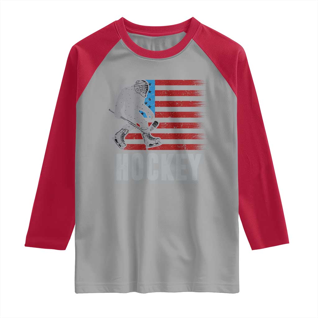 Hockey Bigfoot USA Flag Raglan Shirt Vintage Patriotic Ice Hockey Player - Wonder Print Shop