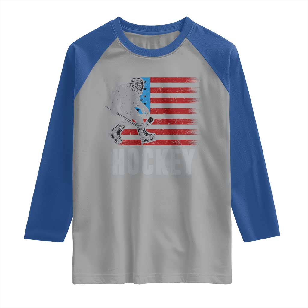 Hockey Bigfoot USA Flag Raglan Shirt Vintage Patriotic Ice Hockey Player - Wonder Print Shop