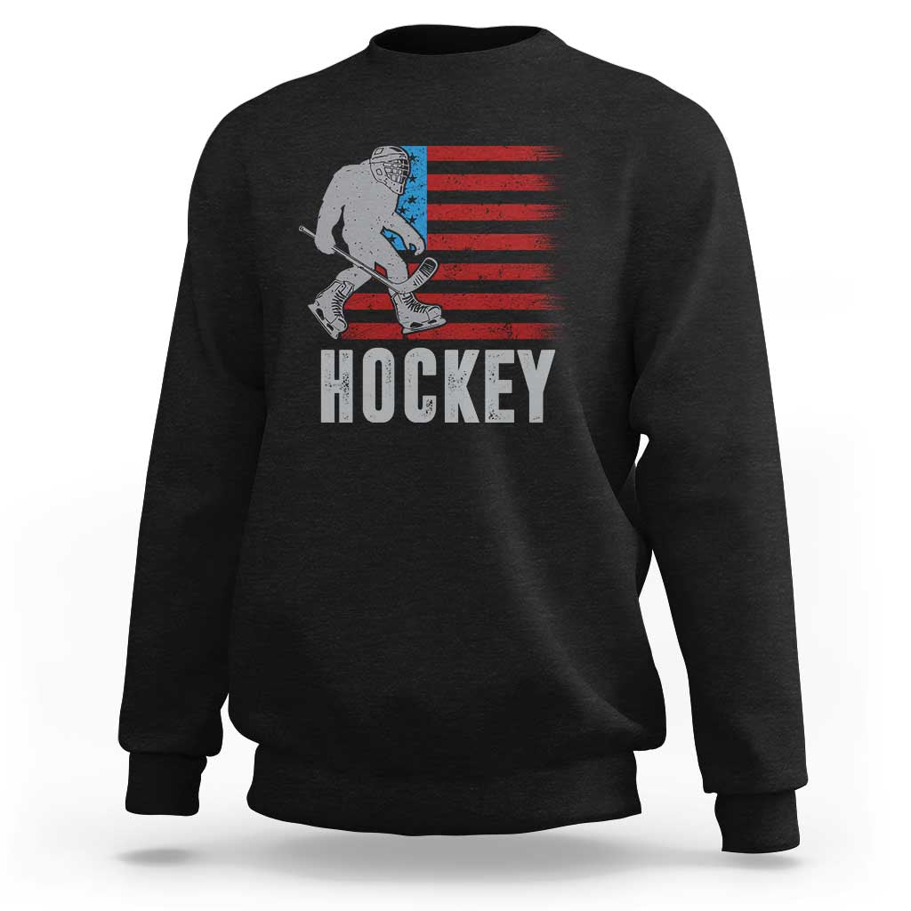 Hockey Bigfoot USA Flag Sweatshirt Vintage Patriotic Ice Hockey Player - Wonder Print Shop