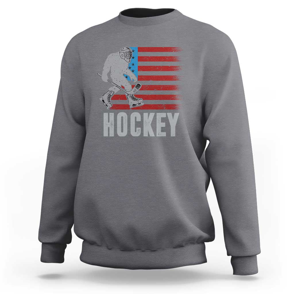 Hockey Bigfoot USA Flag Sweatshirt Vintage Patriotic Ice Hockey Player - Wonder Print Shop