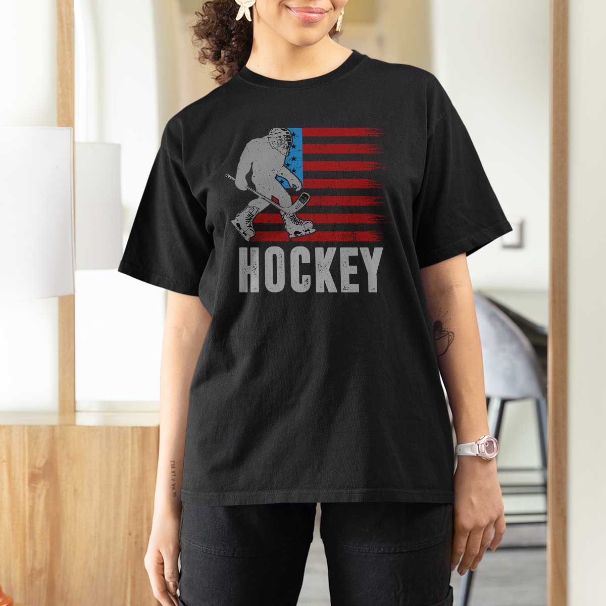 Hockey Bigfoot USA Flag T Shirt For Women Vintage Patriotic Ice Hockey Player - Wonder Print Shop