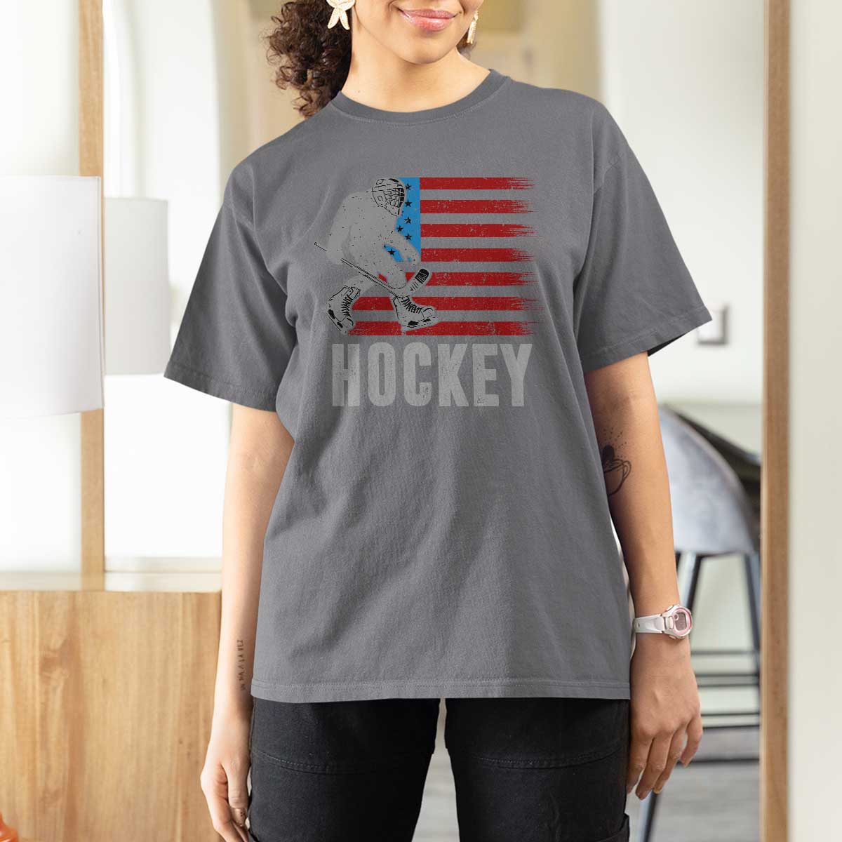 Hockey Bigfoot USA Flag T Shirt For Women Vintage Patriotic Ice Hockey Player - Wonder Print Shop