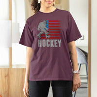 Hockey Bigfoot USA Flag T Shirt For Women Vintage Patriotic Ice Hockey Player - Wonder Print Shop