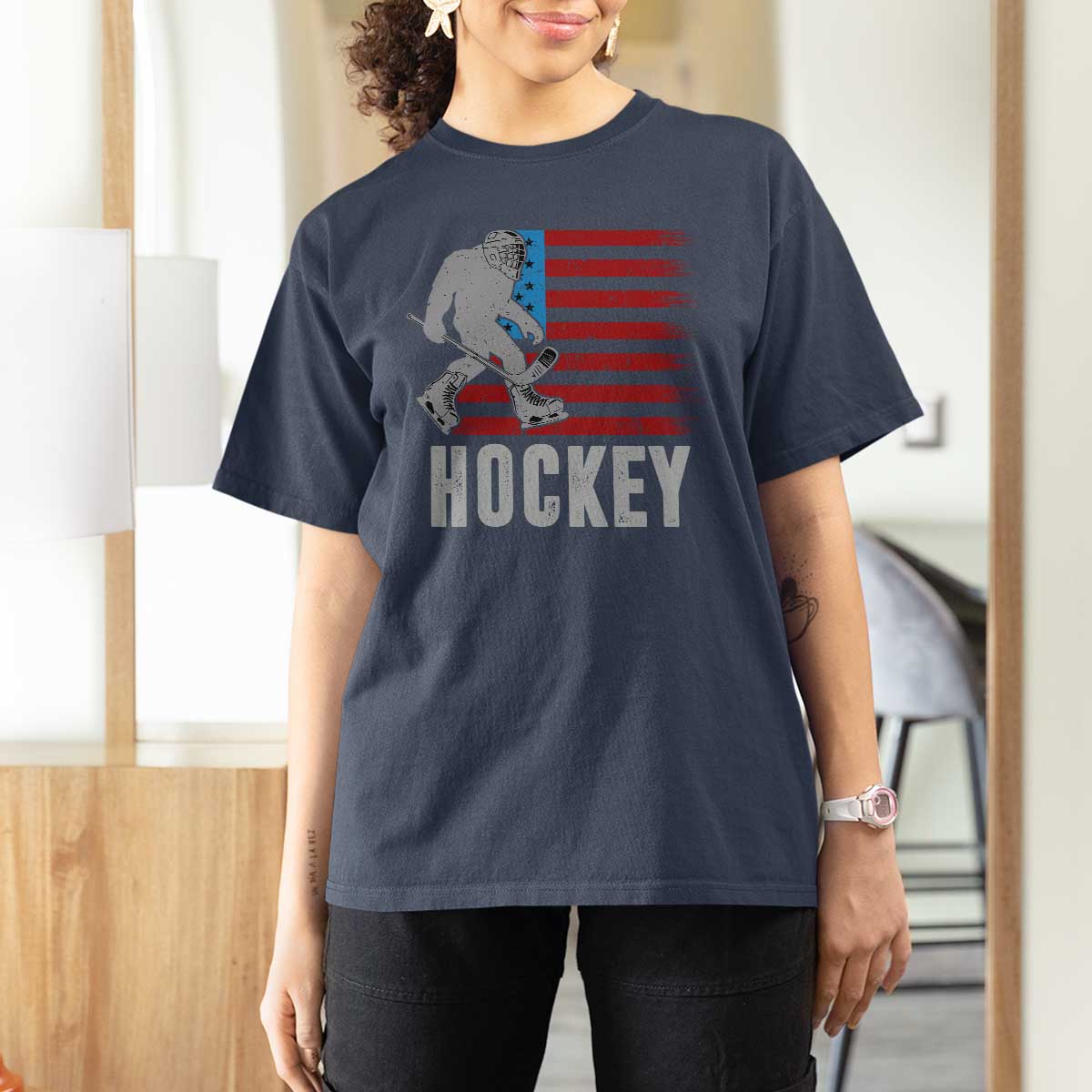 Hockey Bigfoot USA Flag T Shirt For Women Vintage Patriotic Ice Hockey Player - Wonder Print Shop