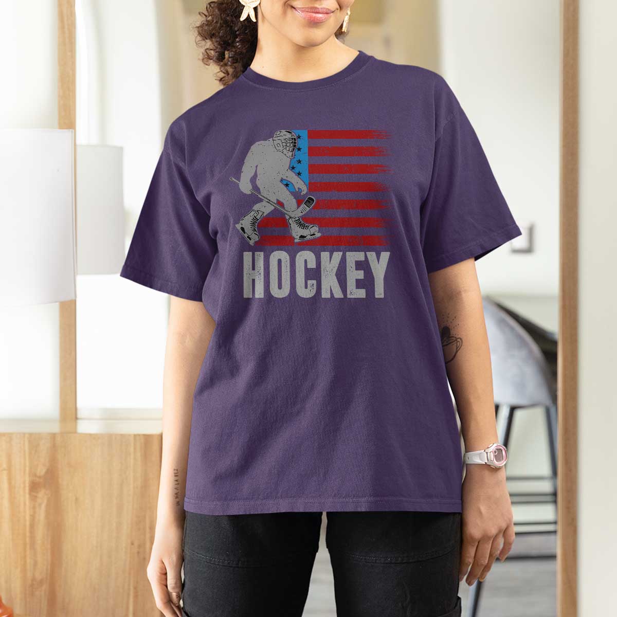 Hockey Bigfoot USA Flag T Shirt For Women Vintage Patriotic Ice Hockey Player - Wonder Print Shop