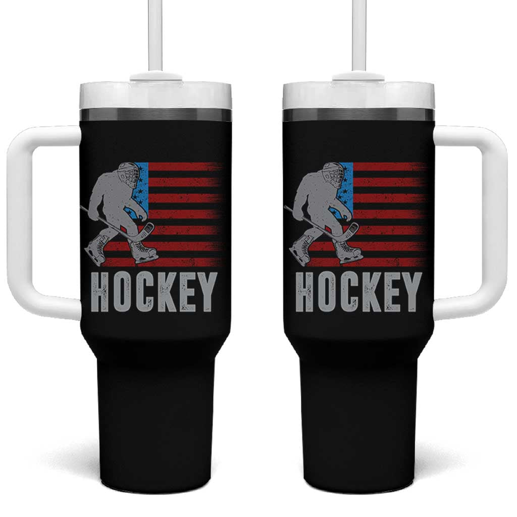 Hockey Bigfoot USA Flag Tumbler With Handle Vintage Patriotic Ice Hockey Player - Wonder Print Shop
