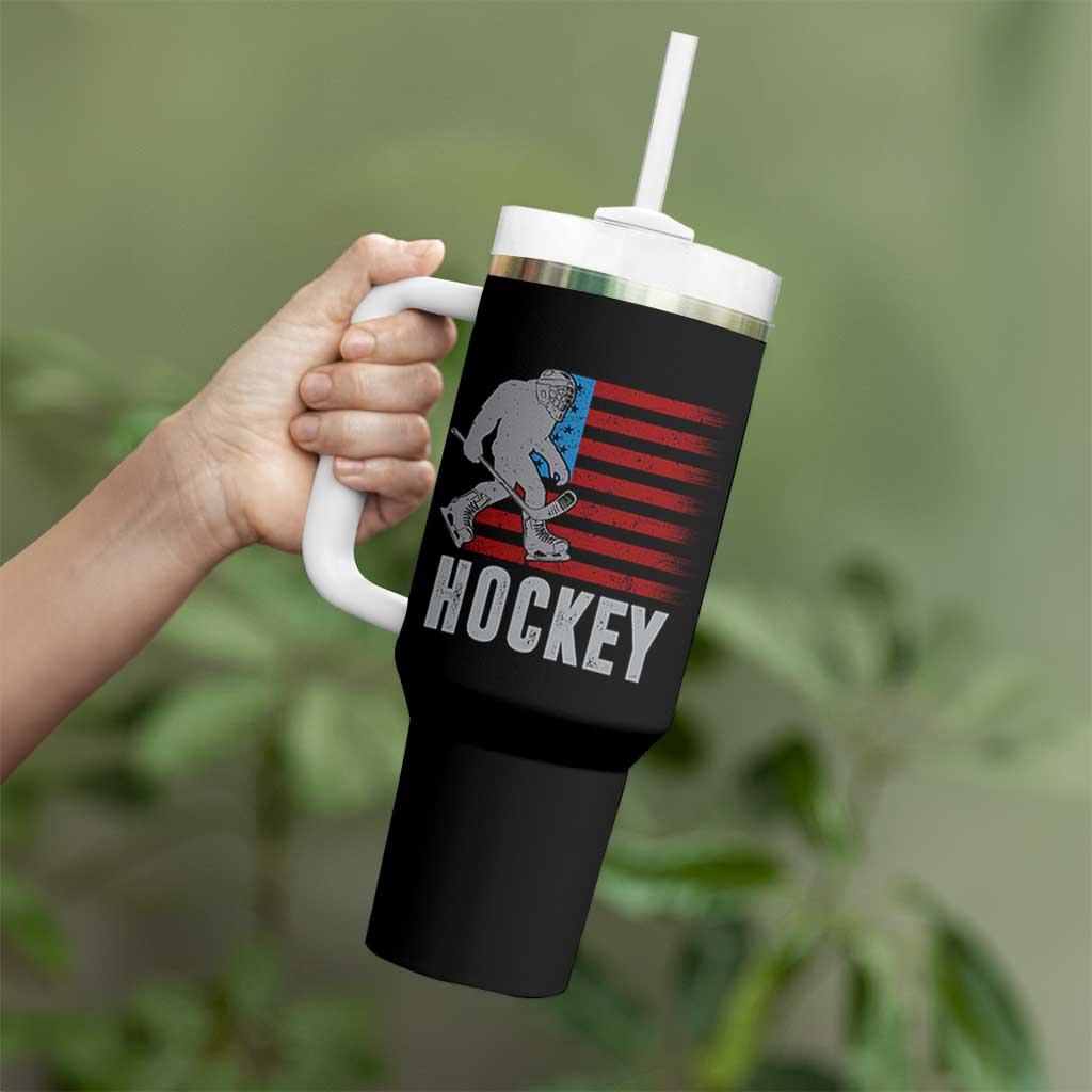 Hockey Bigfoot USA Flag Tumbler With Handle Vintage Patriotic Ice Hockey Player - Wonder Print Shop