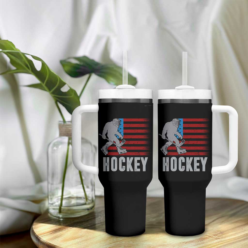 Hockey Bigfoot USA Flag Tumbler With Handle Vintage Patriotic Ice Hockey Player - Wonder Print Shop