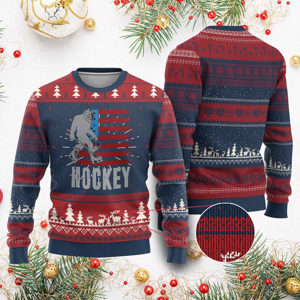 Hockey Bigfoot USA Flag Knitted Sweatshirt Vintage Patriotic Ice Hockey Player - Wonder Print Shop