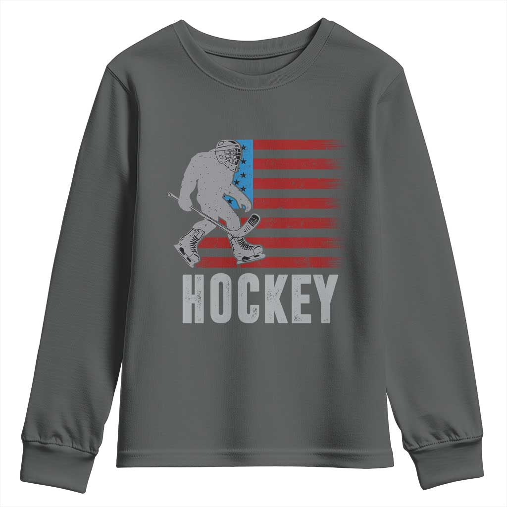 Hockey Bigfoot USA Flag Youth Sweatshirt Vintage Patriotic Ice Hockey Player - Wonder Print Shop