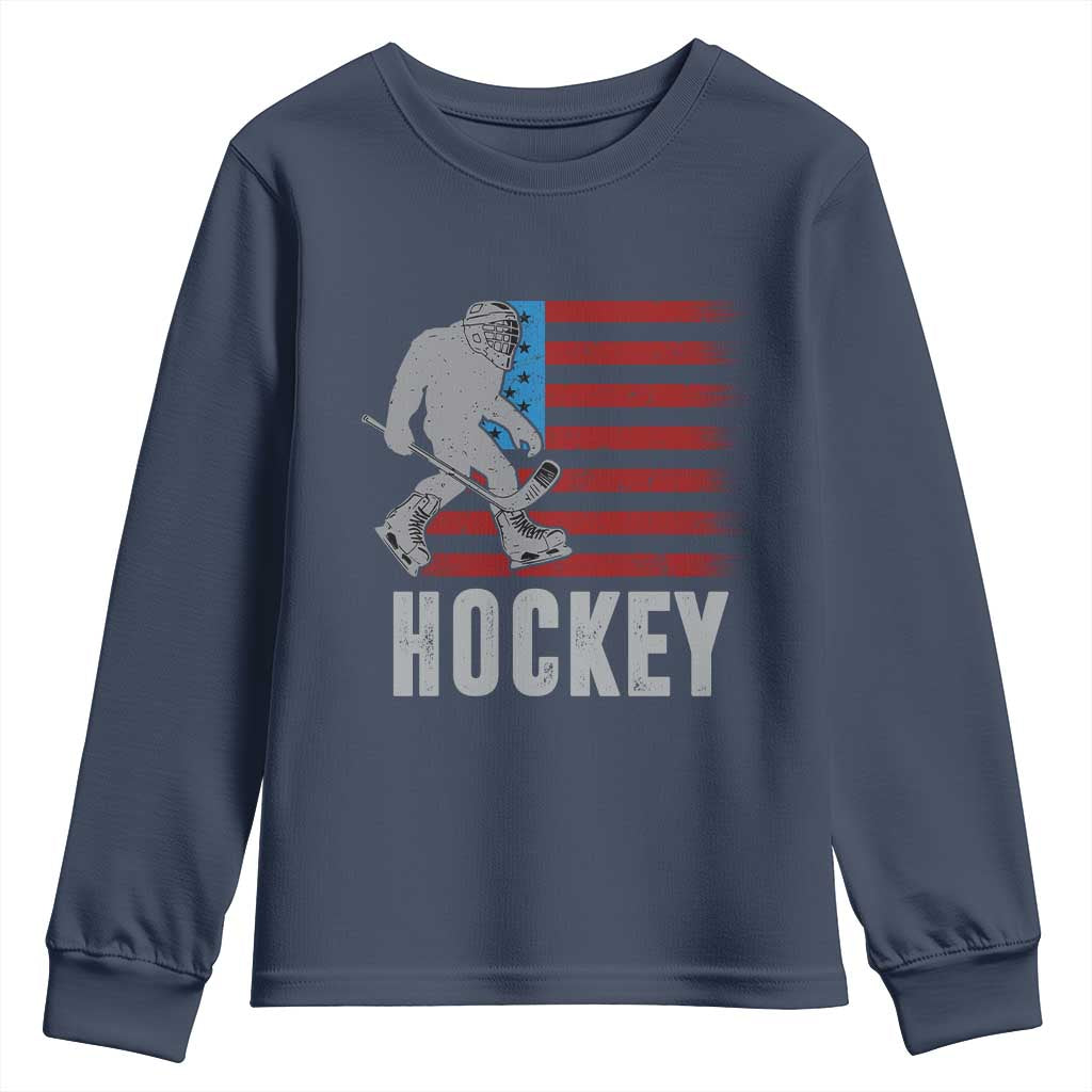 Hockey Bigfoot USA Flag Youth Sweatshirt Vintage Patriotic Ice Hockey Player - Wonder Print Shop