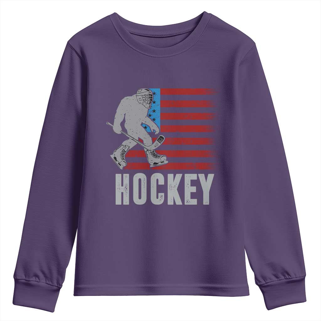Hockey Bigfoot USA Flag Youth Sweatshirt Vintage Patriotic Ice Hockey Player - Wonder Print Shop