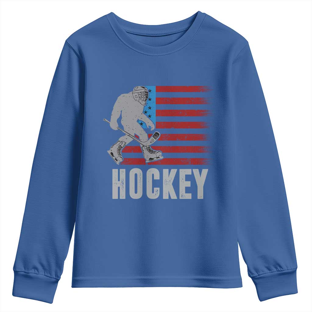 Hockey Bigfoot USA Flag Youth Sweatshirt Vintage Patriotic Ice Hockey Player - Wonder Print Shop