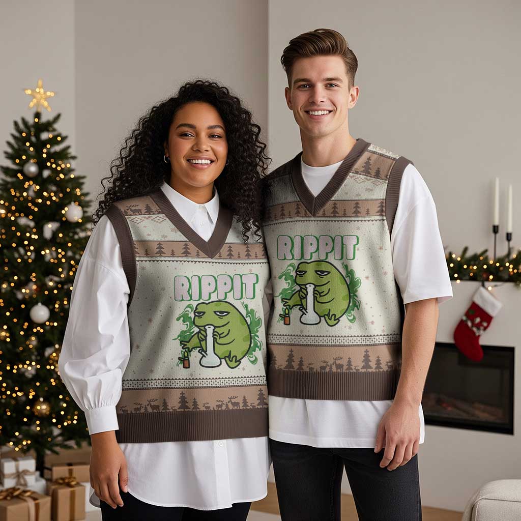 Rippit Frog Meme V-Neck Knit Sweater Vest Funny Stoner Bong Rip - Wonder Print Shop