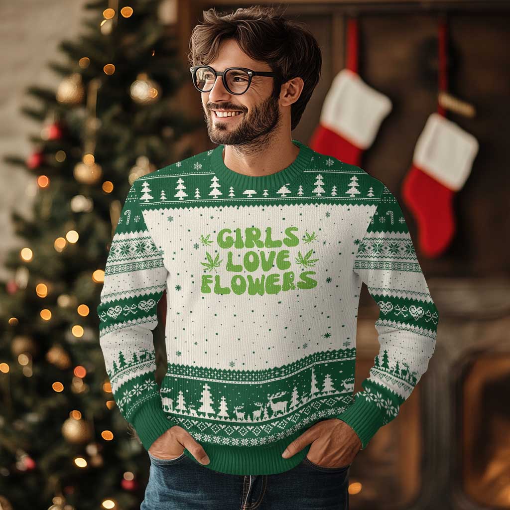 Girls Love Flowers Weed Cannabis Ugly Christmas Sweater Funny Marijuana 420 Gift