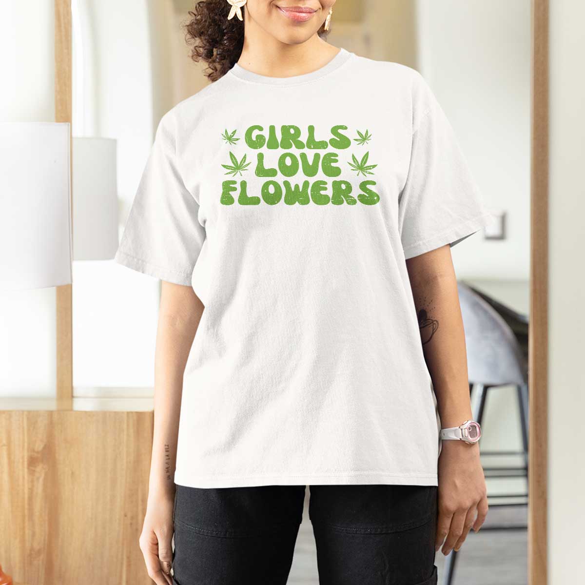 Girls Love Flowers Weed Cannabis T Shirt For Women Funny Marijuana 420 Gift
