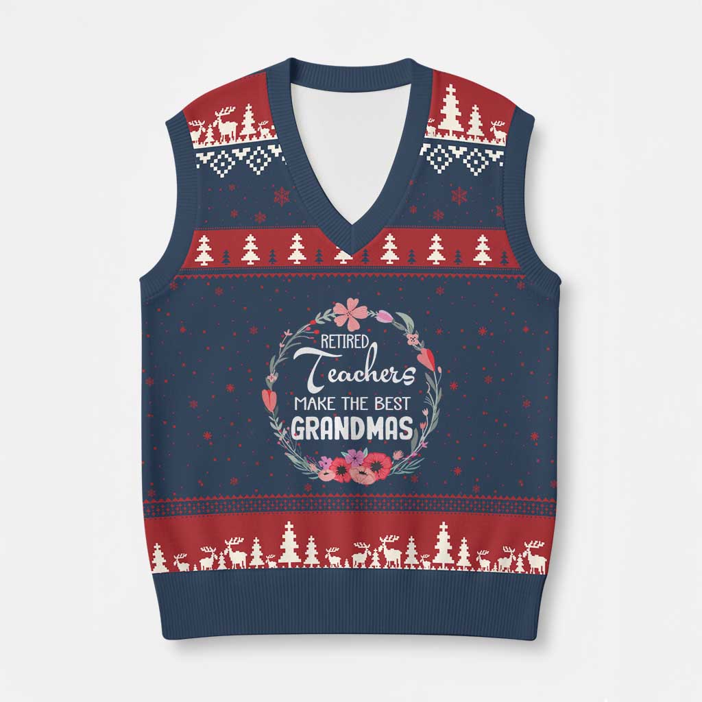 Retired Teacher V-Neck Knit Sweater Vest Floral For Grandmas Retirement - Wonder Print Shop