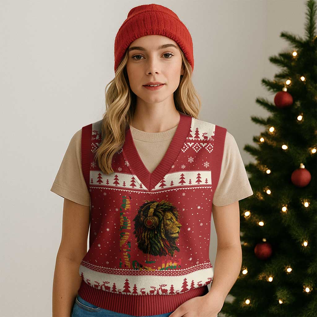 One Love Rasta Lion V-Neck Knit Sweater Vest Rastafari Reggae Jamaica Roots Lion of Judah Dreadlocks - Wonder Print Shop