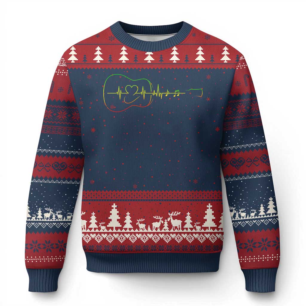 Guitar Rastafari Heartbeat Ugly Christmas Sweater Jamaica ECG Pulse Rasta Reggae Music Vibes - Wonder Print Shop