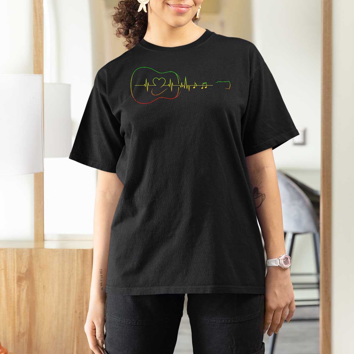 Guitar Rastafari Heartbeat T Shirt For Women Jamaica ECG Pulse Rasta Reggae Music Vibes - Wonder Print Shop