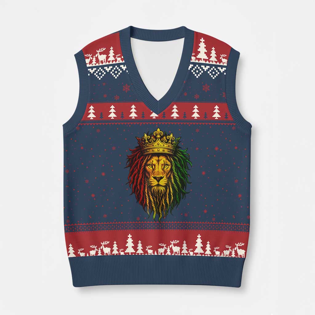 Rasta Reggae Lion V-Neck Knit Sweater Vest Jamaican Pride Lion of Judah Gift for Rastafari - Wonder Print Shop