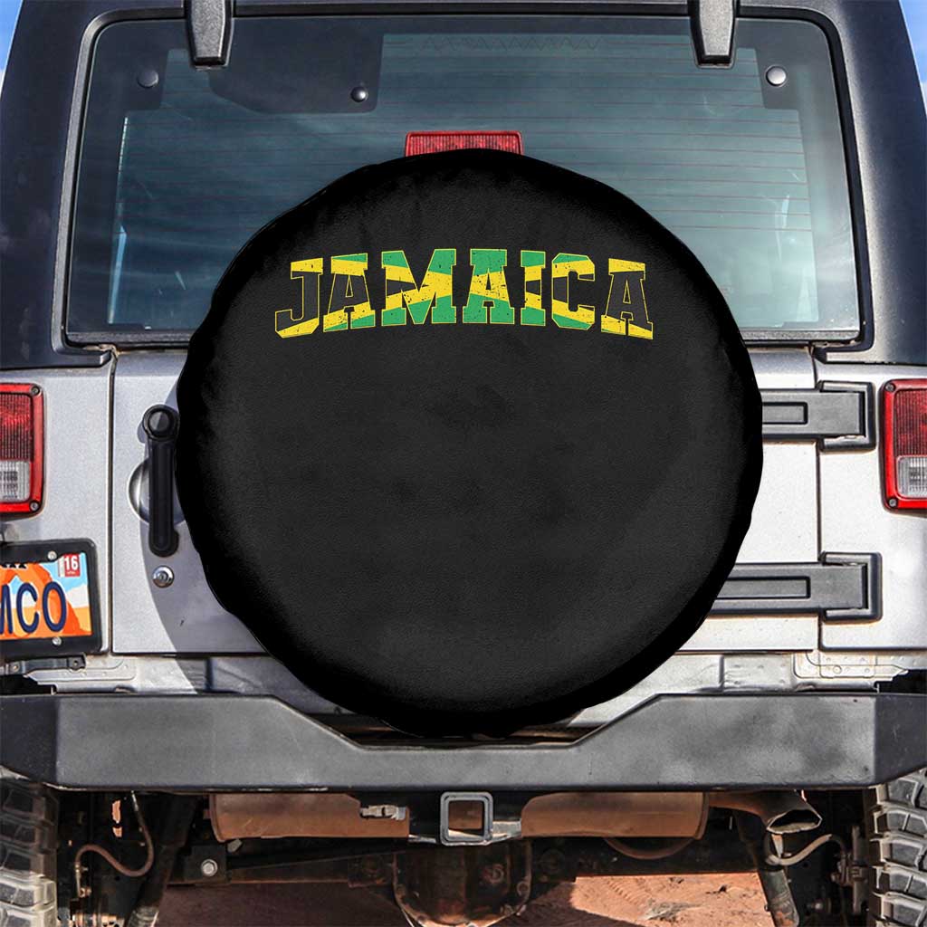Jamaican Pride Spare Tire Cover Retro Jamaica Flag Distressed Varsity Lettering Style - Wonder Print Shop