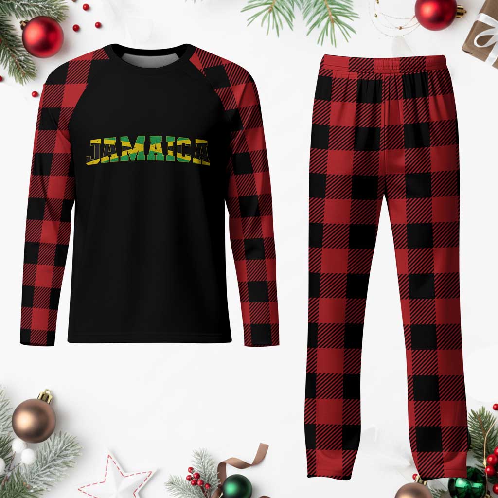 Jamaican Pride Plaid Pajama Set Retro Jamaica Flag Distressed Varsity Lettering Style - Wonder Print Shop