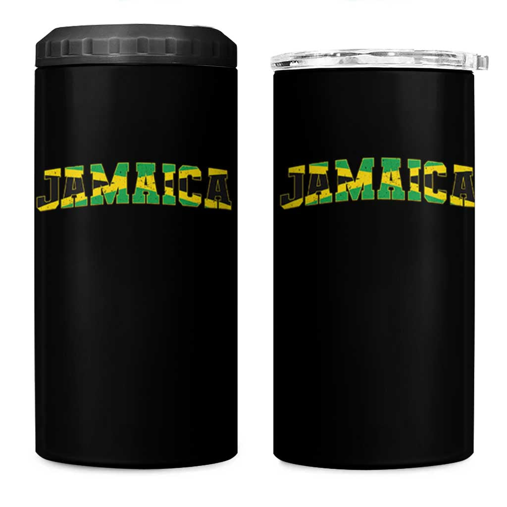 Jamaican Pride 4 in 1 Can Cooler Tumbler Retro Jamaica Flag Distressed Varsity Lettering Style - Wonder Print Shop