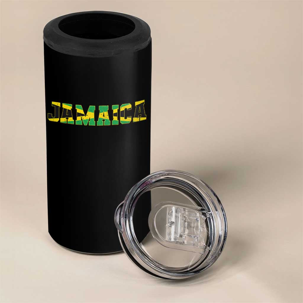 Jamaican Pride 4 in 1 Can Cooler Tumbler Retro Jamaica Flag Distressed Varsity Lettering Style - Wonder Print Shop