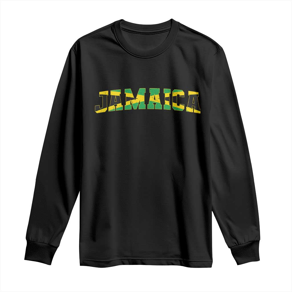 Jamaican Pride Long Sleeve Shirt Retro Jamaica Flag Distressed Varsity Lettering Style - Wonder Print Shop