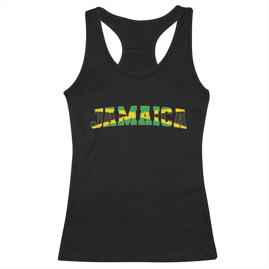 Jamaican Pride Racerback Tank Top Retro Jamaica Flag Distressed Varsity Lettering Style - Wonder Print Shop