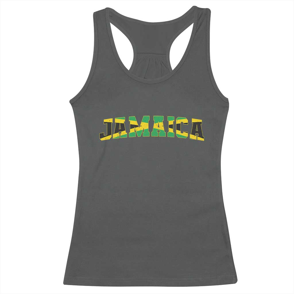 Jamaican Pride Racerback Tank Top Retro Jamaica Flag Distressed Varsity Lettering Style - Wonder Print Shop