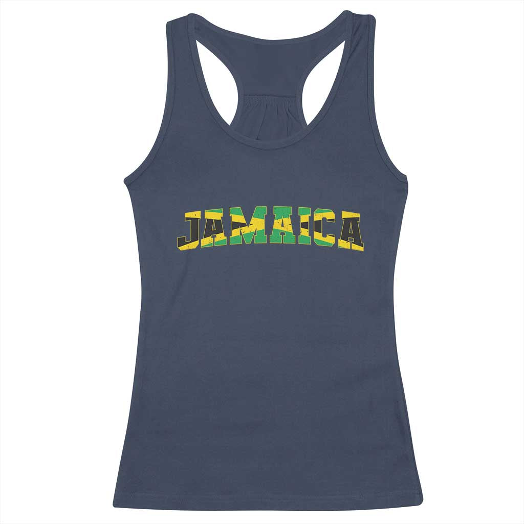 Jamaican Pride Racerback Tank Top Retro Jamaica Flag Distressed Varsity Lettering Style - Wonder Print Shop