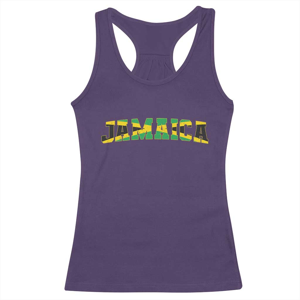 Jamaican Pride Racerback Tank Top Retro Jamaica Flag Distressed Varsity Lettering Style - Wonder Print Shop