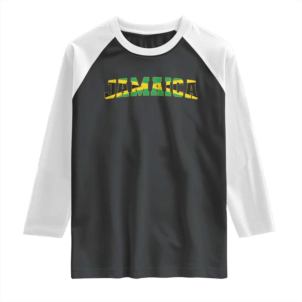 Jamaican Pride Raglan Shirt Retro Jamaica Flag Distressed Varsity Lettering Style - Wonder Print Shop