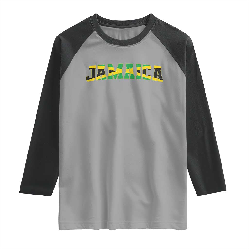 Jamaican Pride Raglan Shirt Retro Jamaica Flag Distressed Varsity Lettering Style - Wonder Print Shop