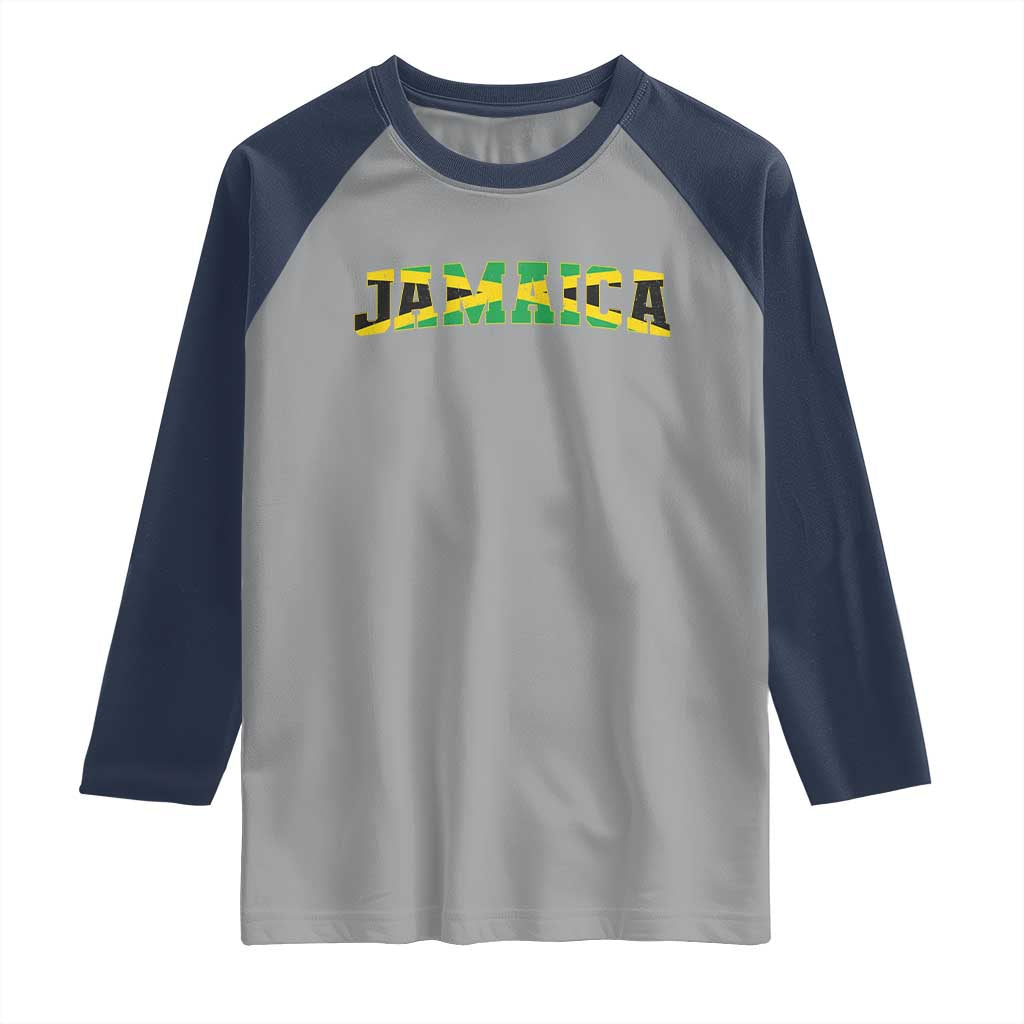 Jamaican Pride Raglan Shirt Retro Jamaica Flag Distressed Varsity Lettering Style - Wonder Print Shop
