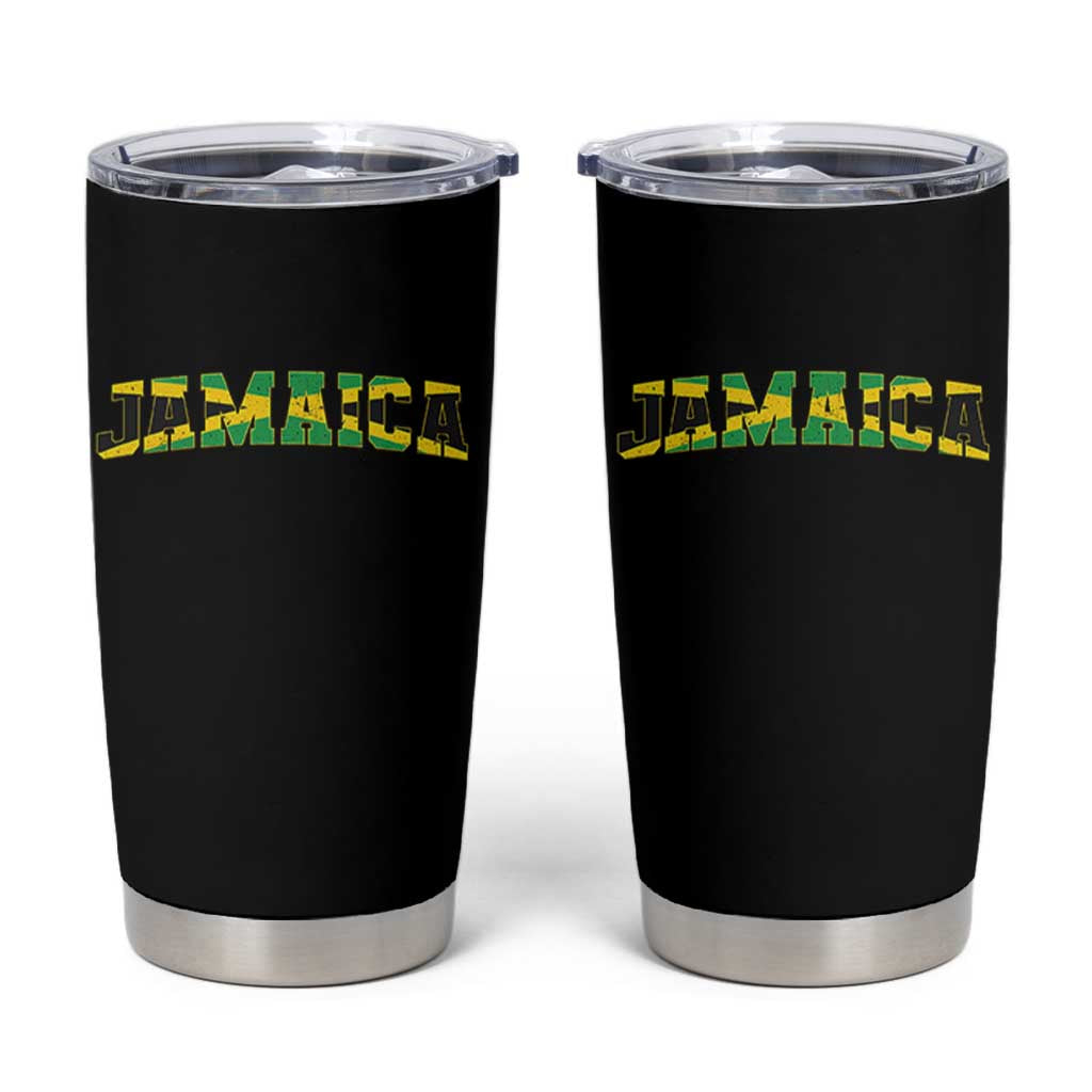 Jamaican Pride Tumbler Cup Retro Jamaica Flag Distressed Varsity Lettering Style - Wonder Print Shop