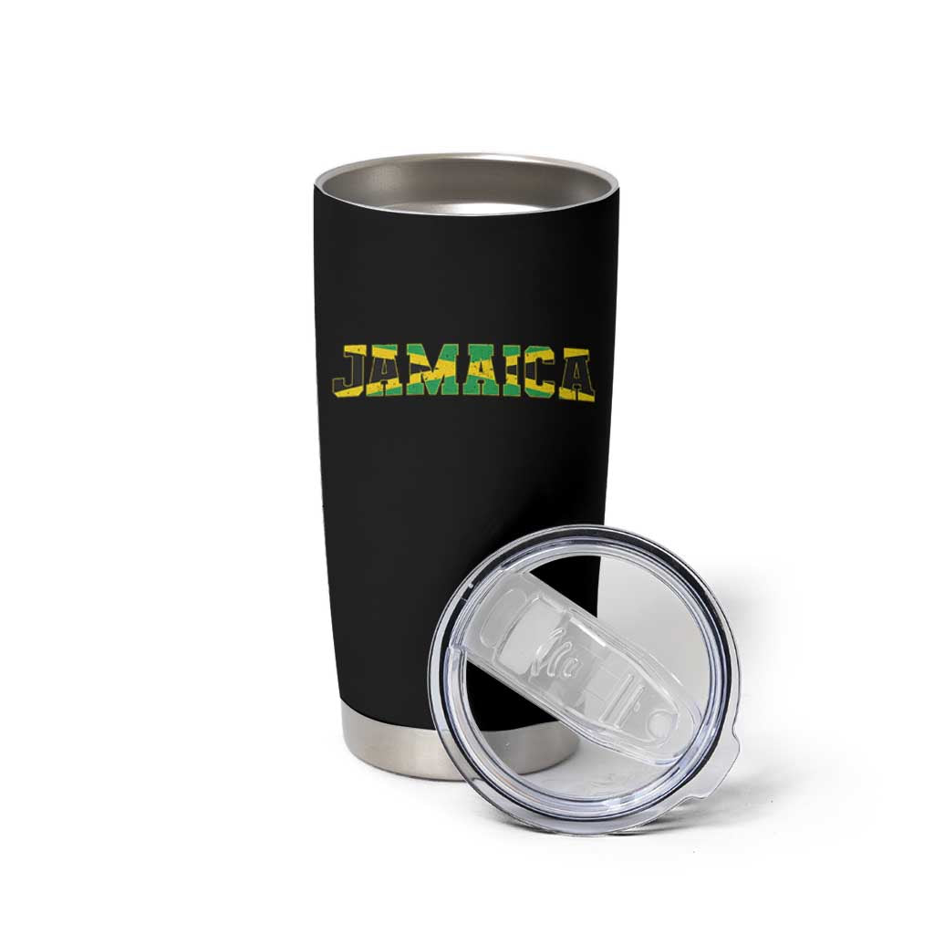 Jamaican Pride Tumbler Cup Retro Jamaica Flag Distressed Varsity Lettering Style - Wonder Print Shop