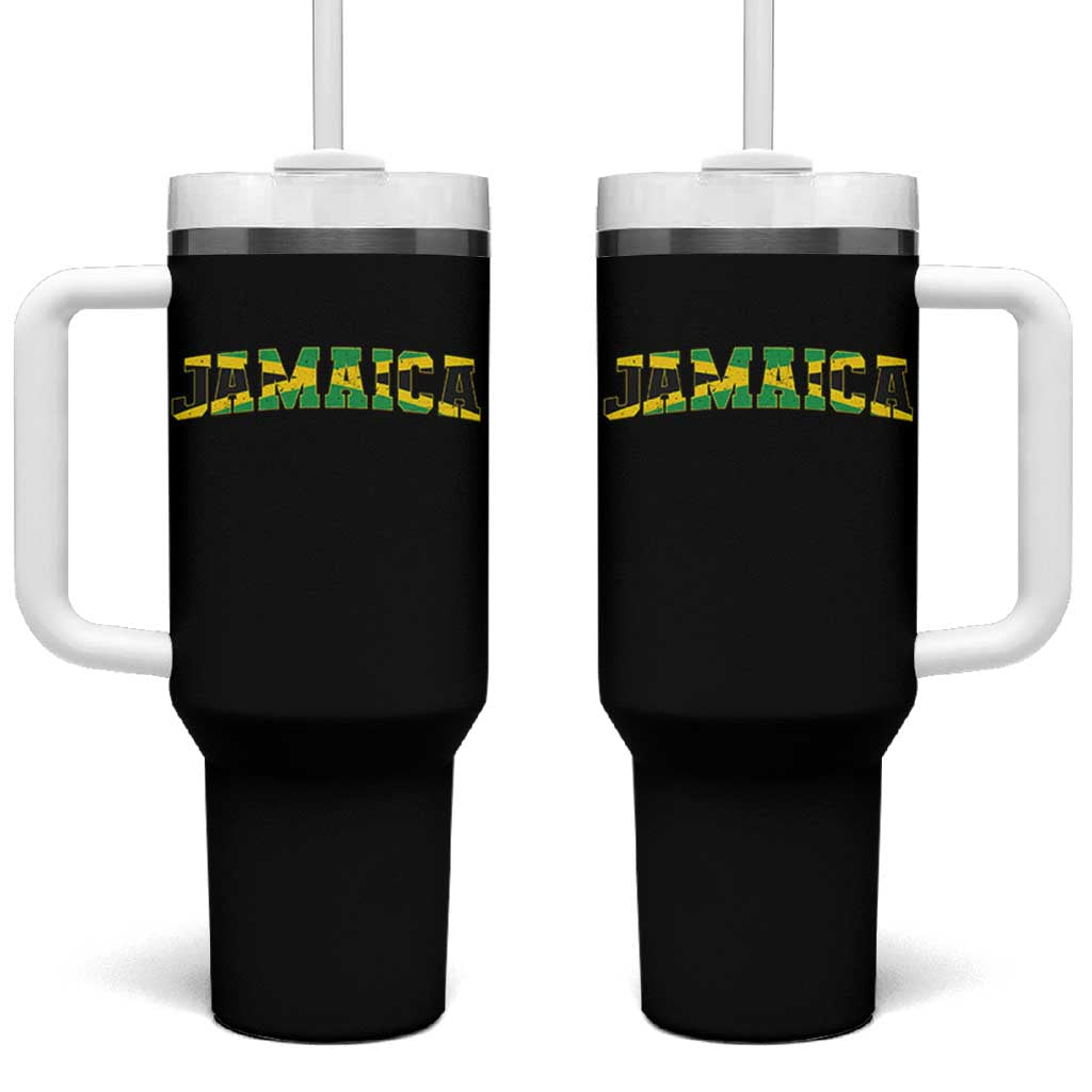 Jamaican Pride Tumbler With Handle Retro Jamaica Flag Distressed Varsity Lettering Style - Wonder Print Shop