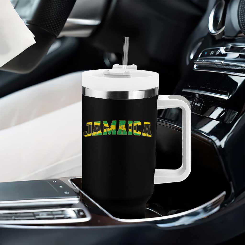 Jamaican Pride Tumbler With Handle Retro Jamaica Flag Distressed Varsity Lettering Style - Wonder Print Shop